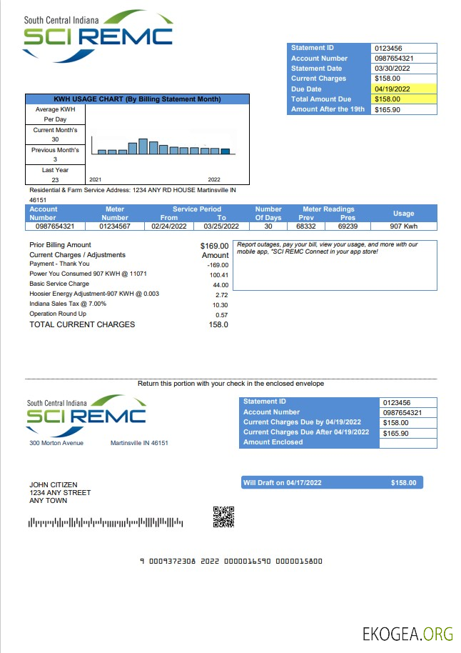 USA Indiana SCI REMC utility bill template in Word and PDF format